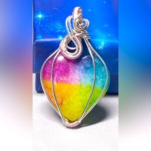 Colorful solar quartz heart in silver and pink